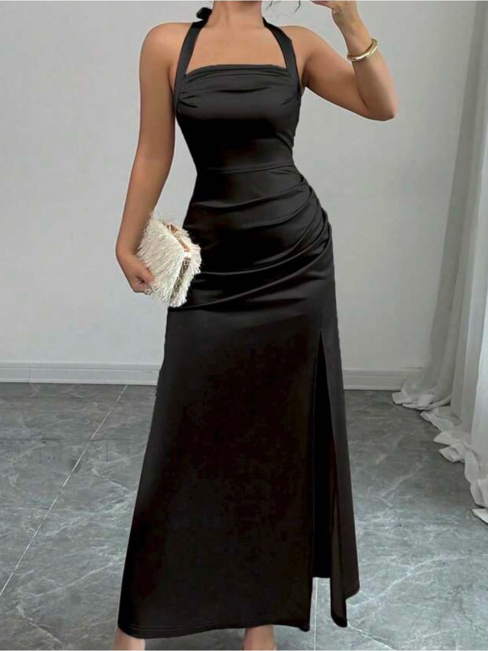 Elegant Black Halter Maxi Dress with Side Slit